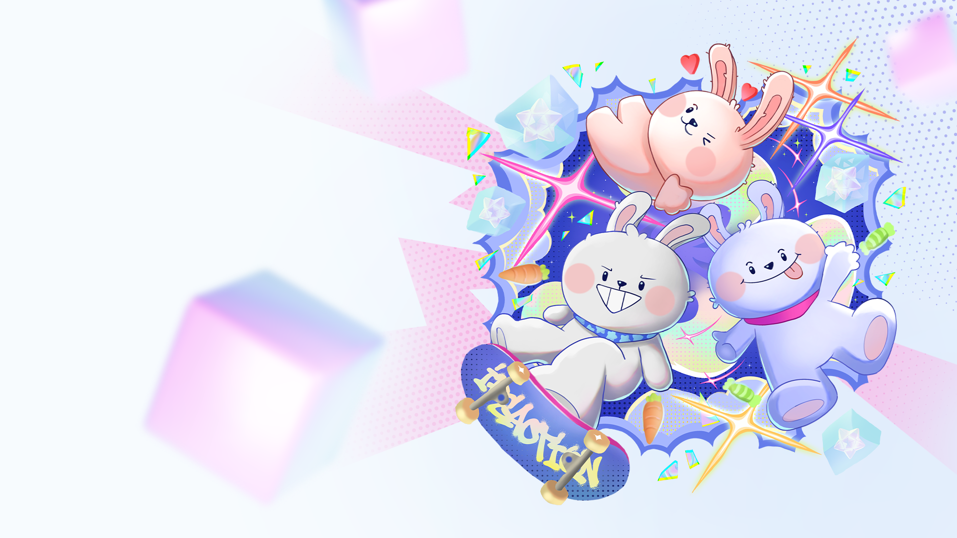 Minh họa IPSACTION KV v3 với nhóm mascot thỏ trên nền pastel